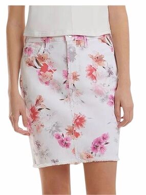 Jen 7 Floral White Denim Pencil Skirt - Pink & Coral Blooms